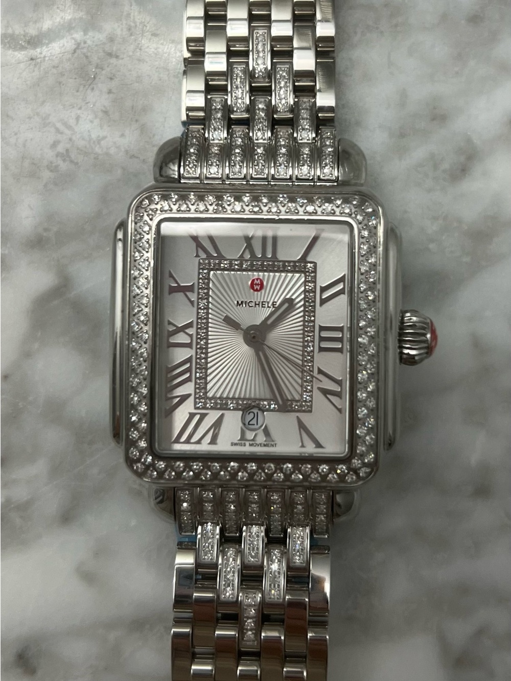 Michele Silver-Tone Diamond Accent Women's Bracelet Watch